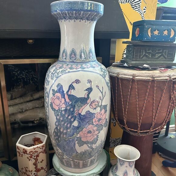 Vintage Blue and White Asian Vase with Pink Floral Accents w Birds 24" - Picture 14 of 15